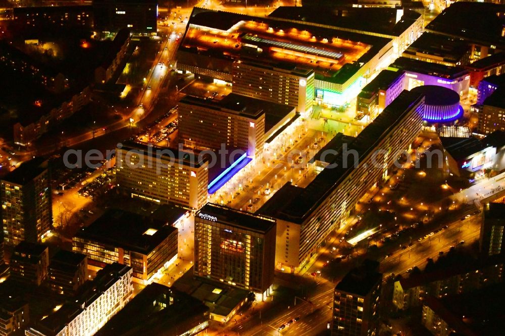 Aerial image at night Dresden - Night lighting street guide of famous promenade and shopping street Prager Strasse in the district Seevorstadt West in Dresden in the state Saxony, Germany