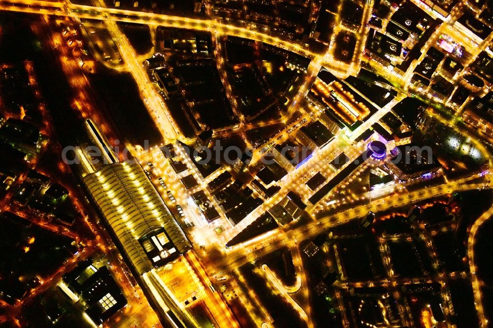 Aerial photograph at night Dresden - Night lighting street guide of famous promenade and shopping street Prager Strasse in the district Seevorstadt West in Dresden in the state Saxony, Germany