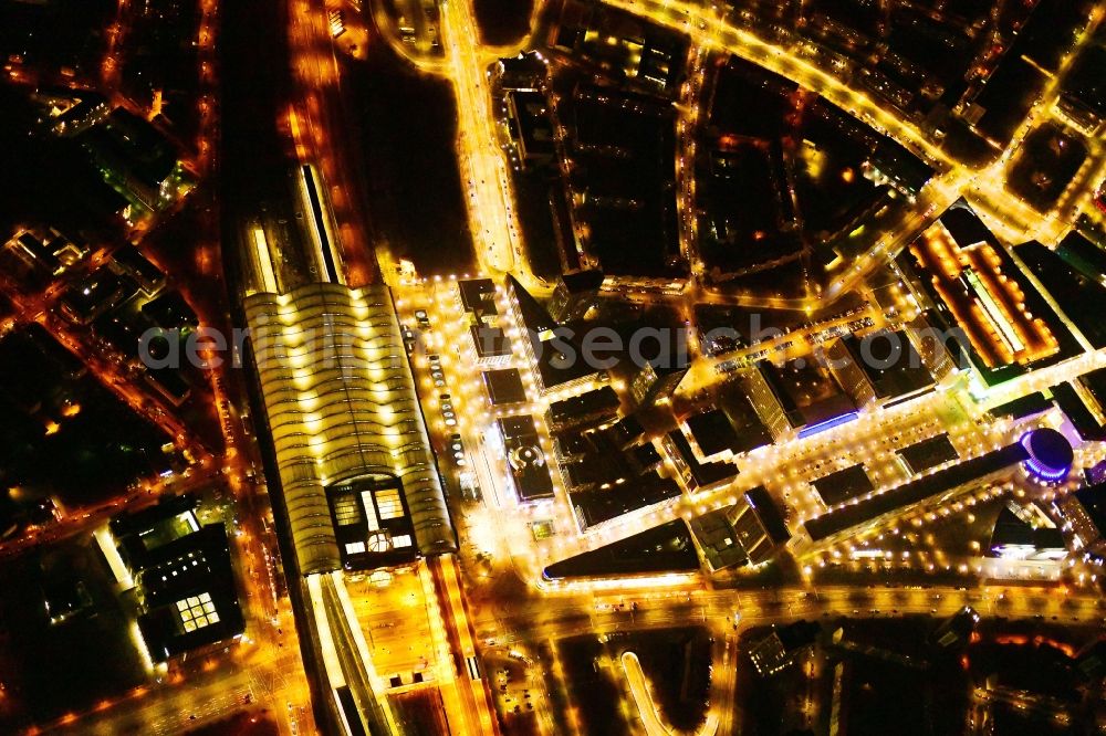 Aerial image at night Dresden - Night lighting street guide of famous promenade and shopping street Prager Strasse in the district Seevorstadt West in Dresden in the state Saxony, Germany