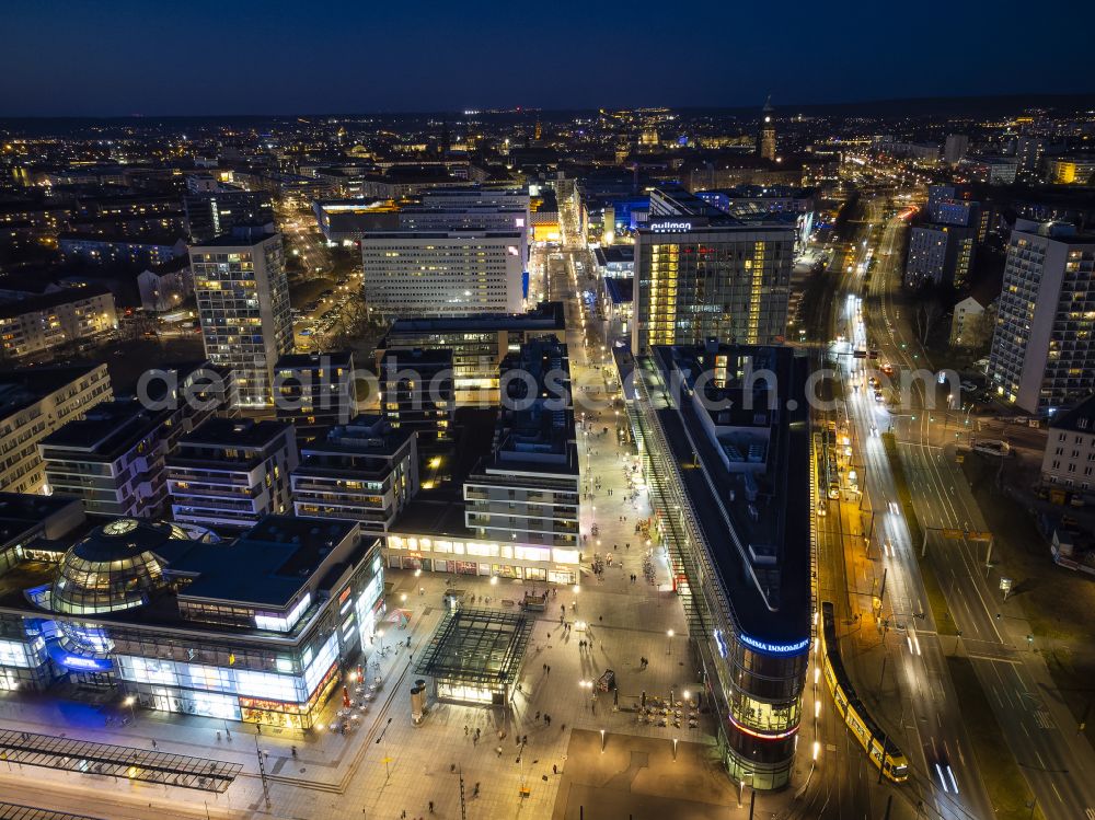 Dresden at night from the bird perspective: Night lighting street guide of famous promenade and shopping street Prager Strasse in the district Seevorstadt West in Dresden in the state Saxony, Germany