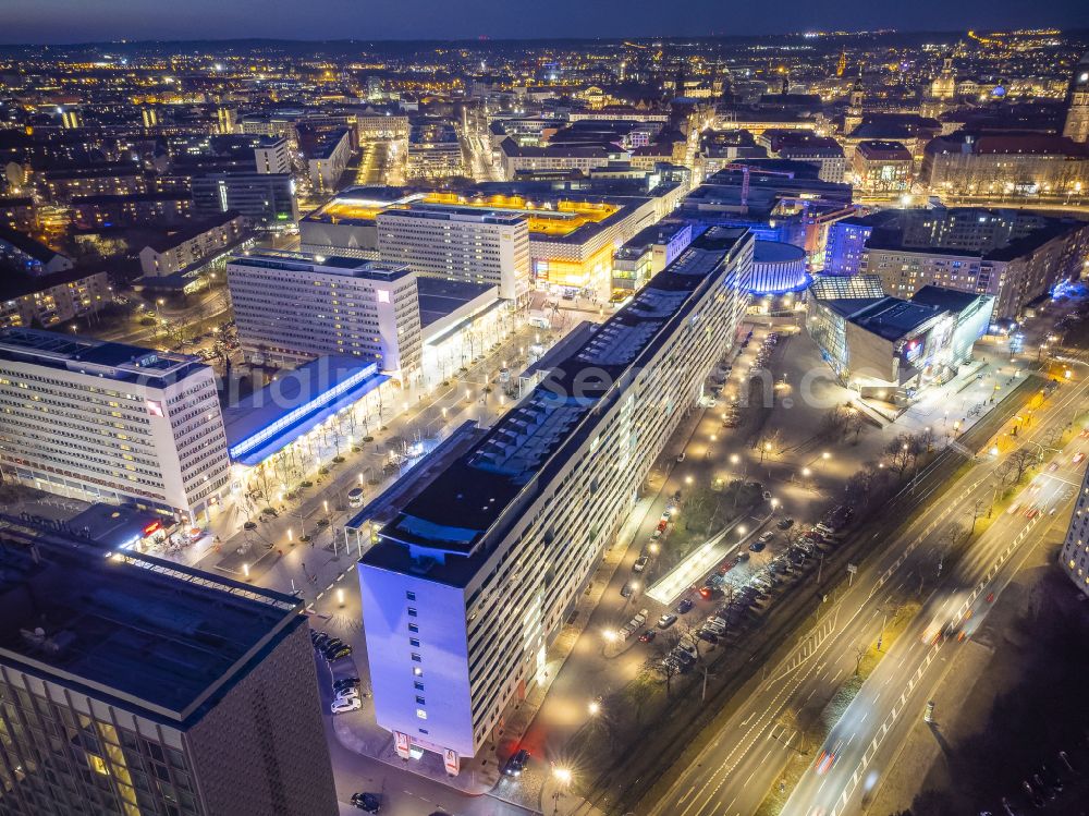 Dresden at night from above - Night lighting street guide of famous promenade and shopping street Prager Strasse in the district Seevorstadt West in Dresden in the state Saxony, Germany