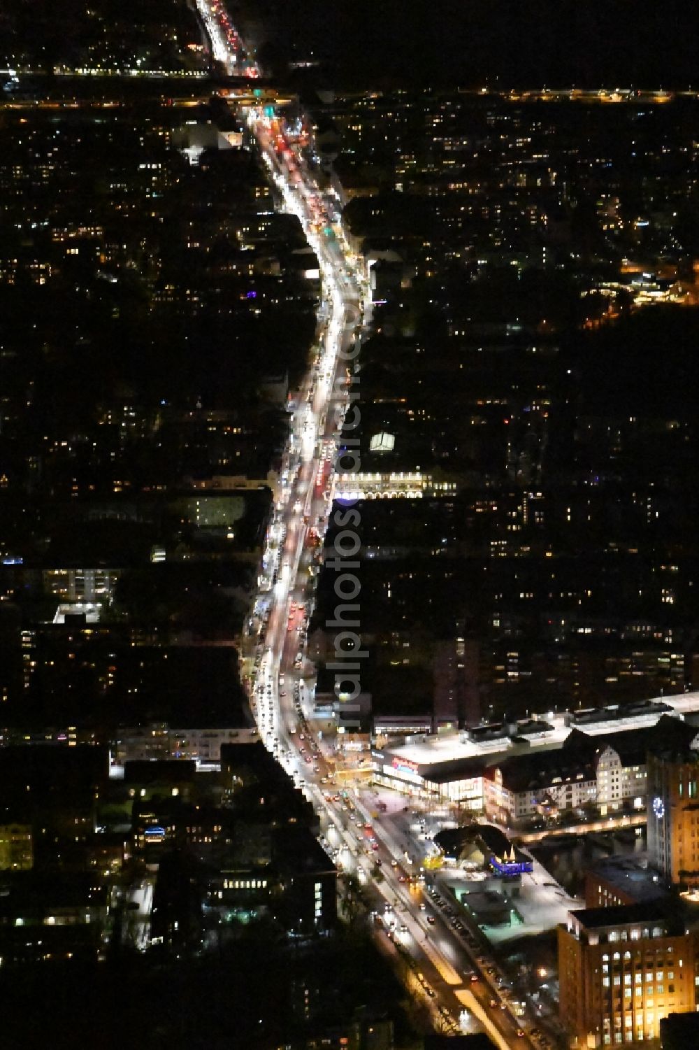 Aerial photograph at night Berlin - Night view street guide of famous promenade and shopping street Tempelhofer Damm in the district Tempelhof in Berlin