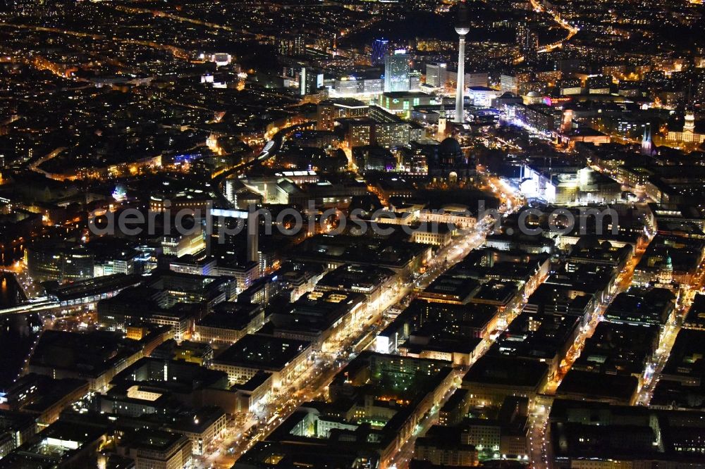 Aerial image at night Berlin - Street guide of famous promenade and shopping street Unter den Linden in Berlin