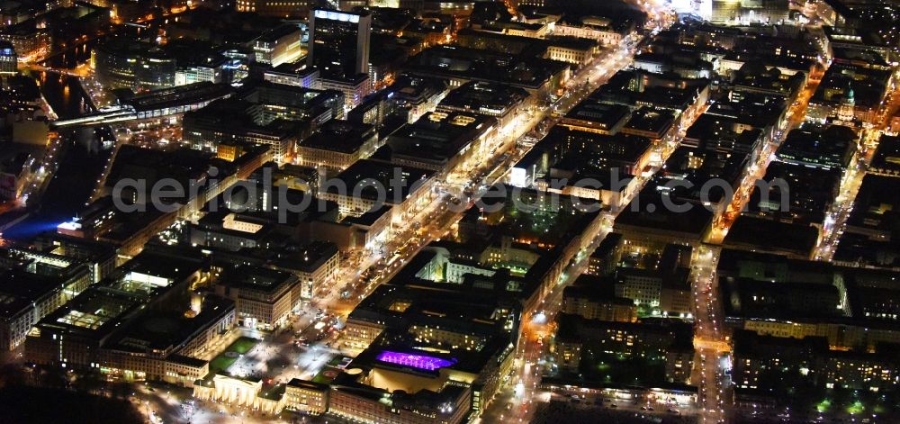 Berlin at night from above - Street guide of famous promenade and shopping street Unter den Linden with place Pariser Platz and gate Brandenburger Tor in Berlin