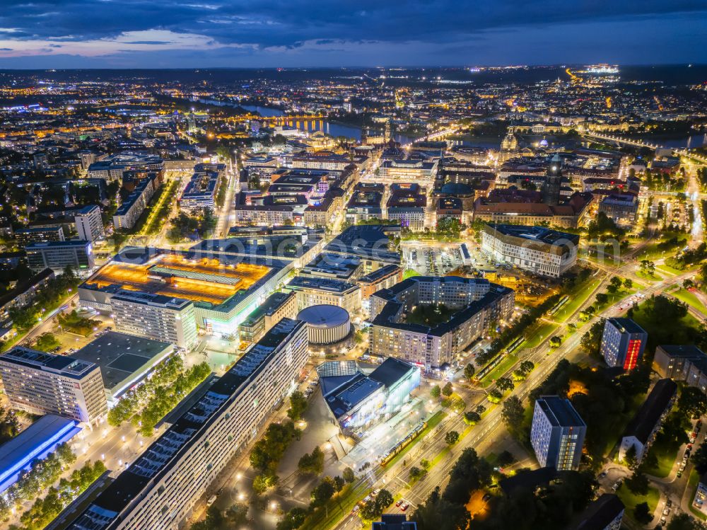 Dresden at night from above - Night lighting street guide of famous promenade and shopping street on street Prager Strasse in the district Seevorstadt West in Dresden in the state Saxony, Germany