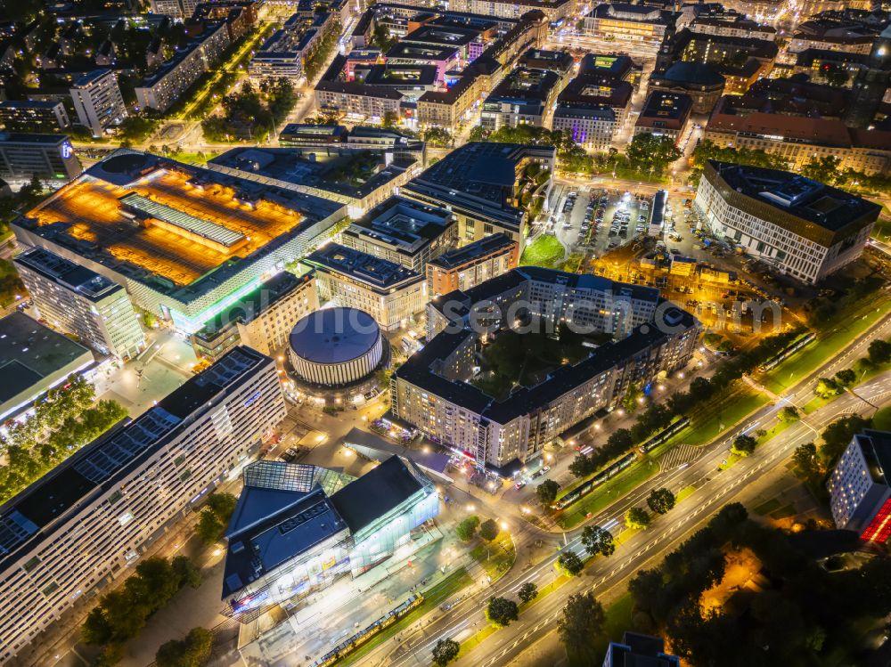 Dresden at night from the bird perspective: Night lighting street guide of famous promenade and shopping street on street Prager Strasse in the district Seevorstadt West in Dresden in the state Saxony, Germany