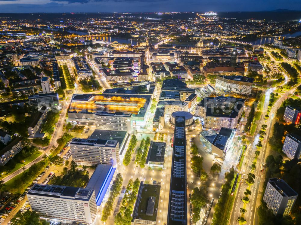 Aerial photograph at night Dresden - Night lighting street guide of famous promenade and shopping street on street Prager Strasse in the district Seevorstadt West in Dresden in the state Saxony, Germany