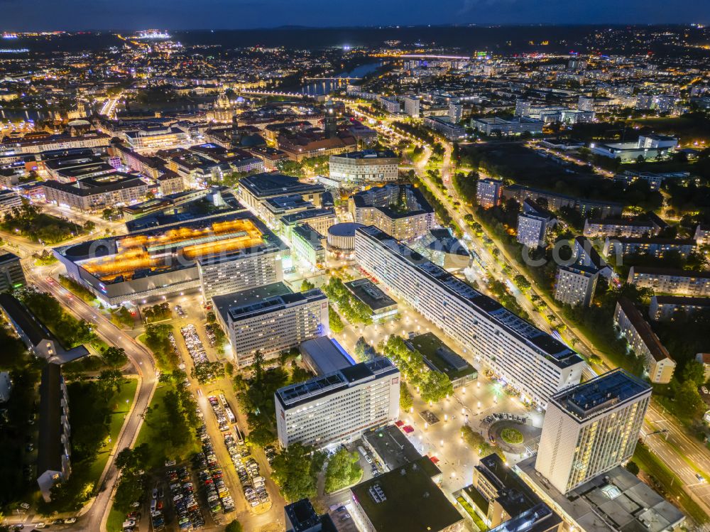 Aerial image at night Dresden - Night lighting street guide of famous promenade and shopping street on street Prager Strasse in the district Seevorstadt West in Dresden in the state Saxony, Germany