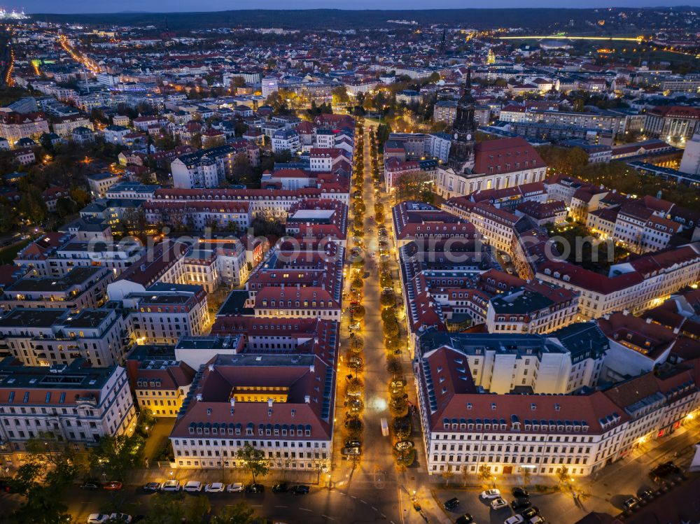 Aerial image at night Dresden - Night lighting street guide of famous promenade and shopping street on street Koenigstrasse in the district Innere Neustadt in Dresden in the state Saxony, Germany