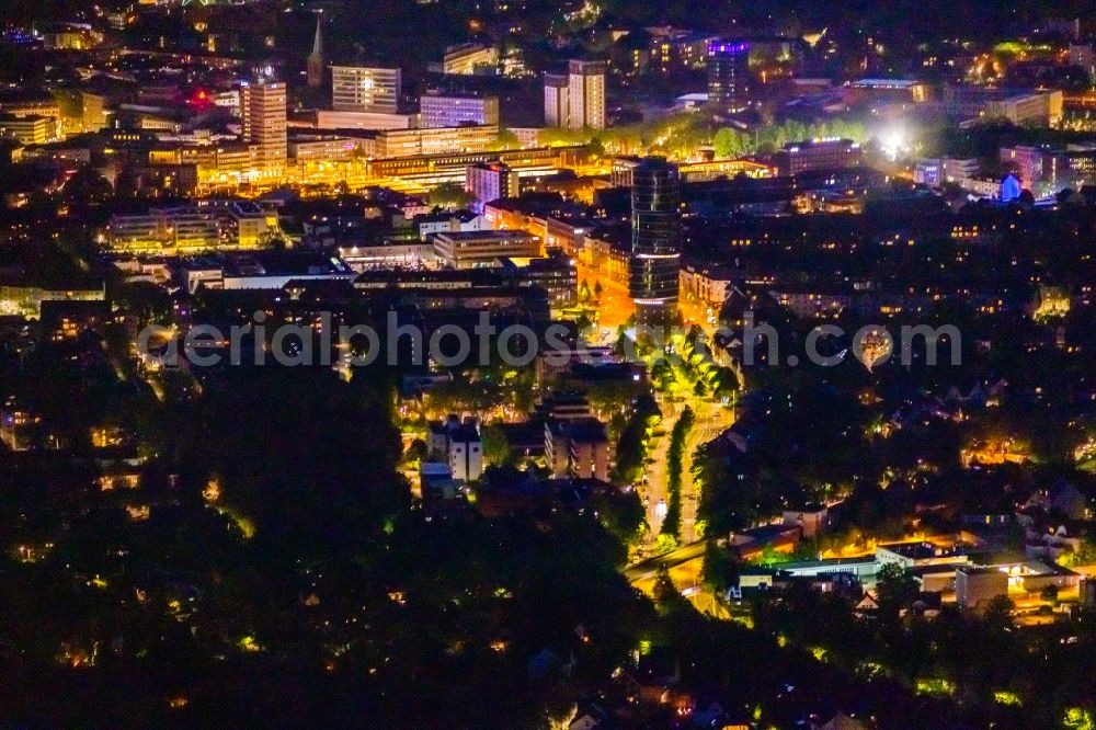 Bochum at night from the bird perspective: Night lighting street guide of famous promenade and shopping street Universitaetsstrasse in Bochum at Ruhrgebiet in the state North Rhine-Westphalia, Germany