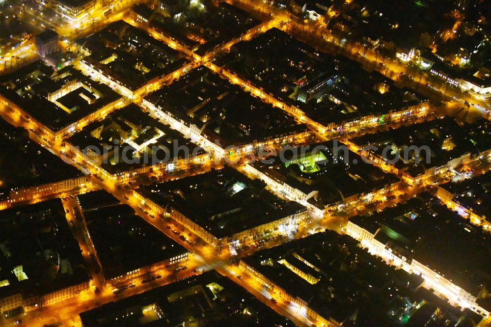 Aerial image at night Potsdam - Night lighting Street - road guidance Gutenbergstrasse - Brandenburger Strasse - Charlottenstrasse in the district Innenstadt in Potsdam in the state Brandenburg, Germany