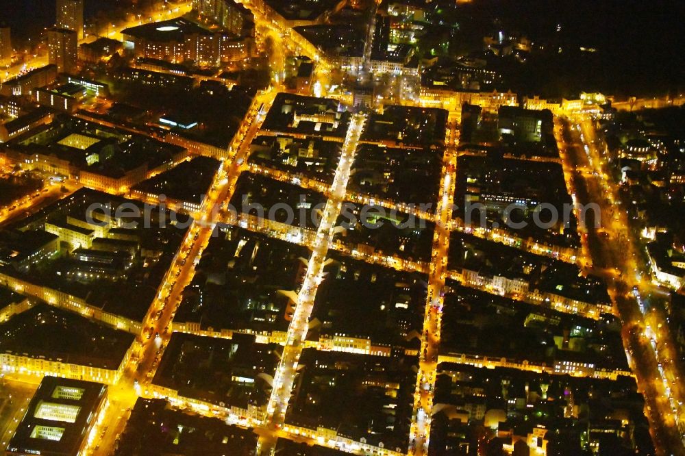 Potsdam at night from above - Night lighting Street - road guidance Gutenbergstrasse - Brandenburger Strasse - Charlottenstrasse in the district Innenstadt in Potsdam in the state Brandenburg, Germany