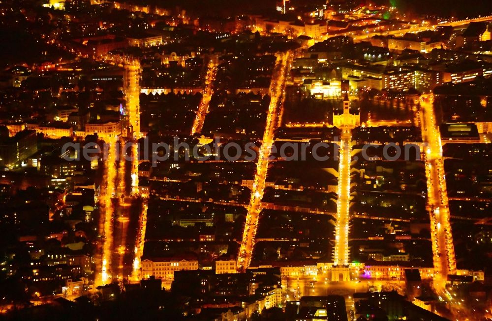 Aerial image at night Potsdam - Night lighting Street - road guidance Gutenbergstrasse - Brandenburger Strasse - Charlottenstrasse in the district Innenstadt in Potsdam in the state Brandenburg, Germany