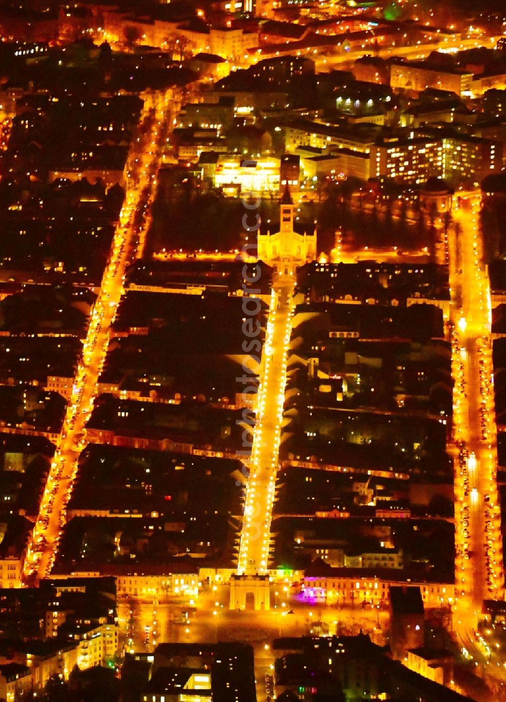 Potsdam at night from above - Night lighting Street - road guidance Gutenbergstrasse - Brandenburger Strasse - Charlottenstrasse in the district Innenstadt in Potsdam in the state Brandenburg, Germany