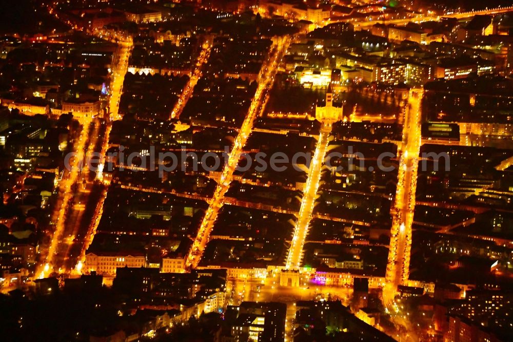 Potsdam at night from the bird perspective: Night lighting Street - road guidance Gutenbergstrasse - Brandenburger Strasse - Charlottenstrasse in the district Innenstadt in Potsdam in the state Brandenburg, Germany