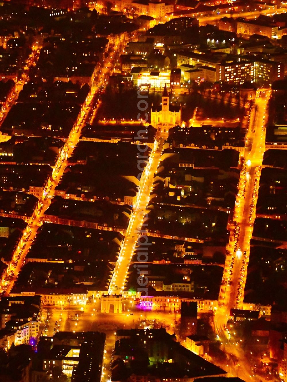 Aerial photograph at night Potsdam - Night lighting Street - road guidance Gutenbergstrasse - Brandenburger Strasse - Charlottenstrasse in the district Innenstadt in Potsdam in the state Brandenburg, Germany