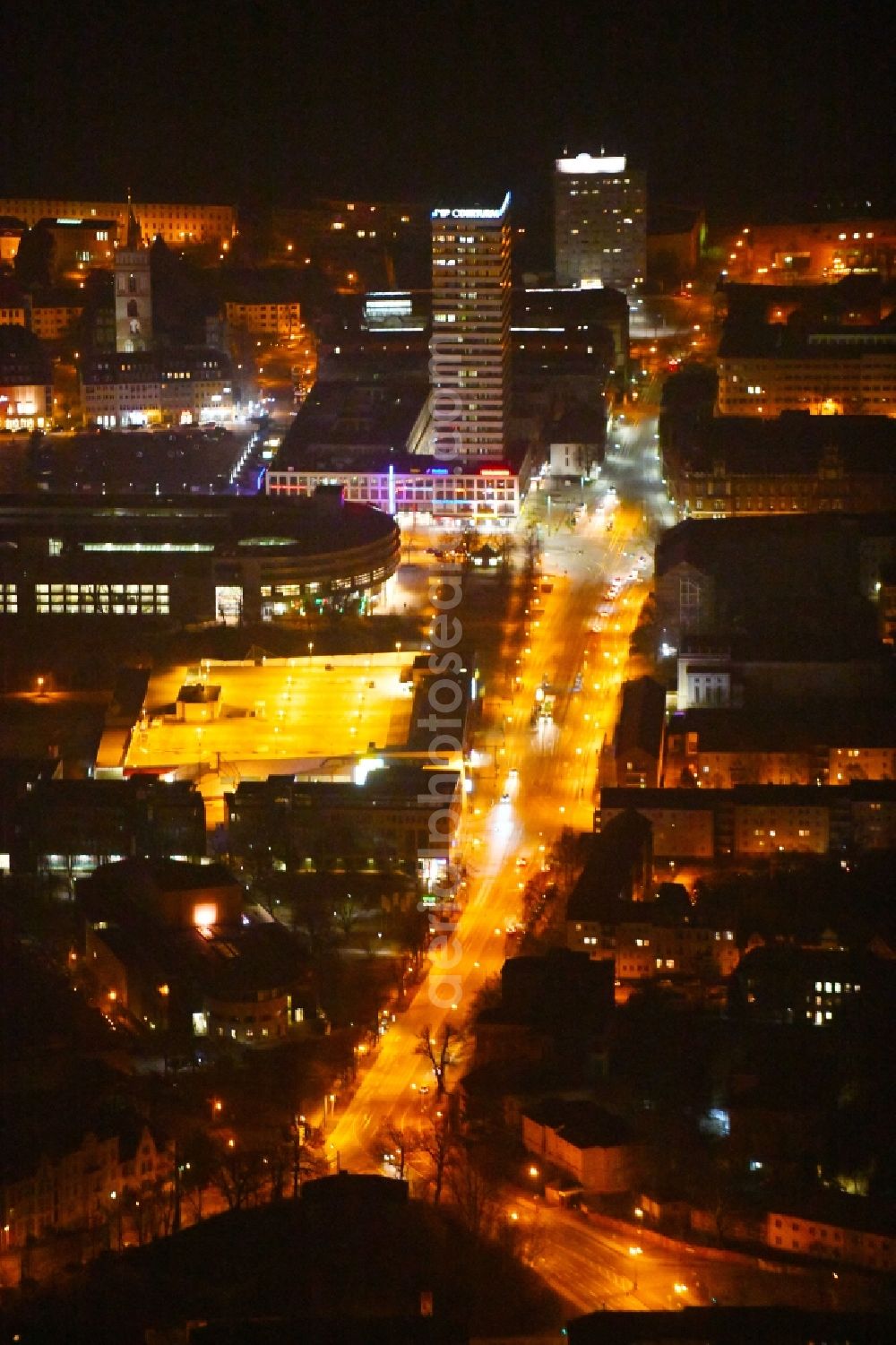 Frankfurt (Oder) at night from above - Night lighting Street - road guidance Heilbronner Strasse - Logenstrasse in Frankfurt (Oder) in the state Brandenburg, Germany