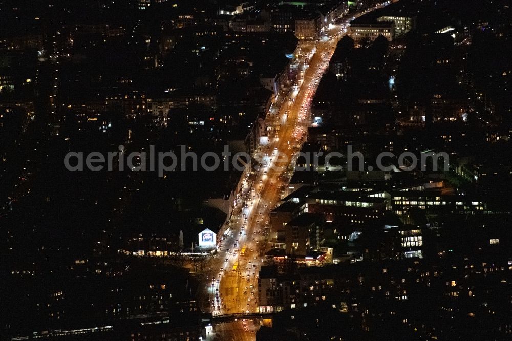 Aerial photograph at night Hamburg - Night lighting street - road guidance of Hoheluftchaussee in the district Hoheluft-Ost in Hamburg, Germany