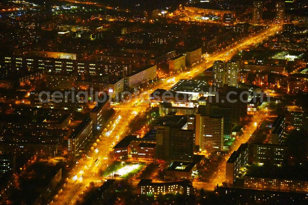 Halle (Saale) at night from above - Night lighting Street - road guidance Magistrale Halle- Neustadt in the district West in Halle (Saale) in the state Saxony-Anhalt, Germany