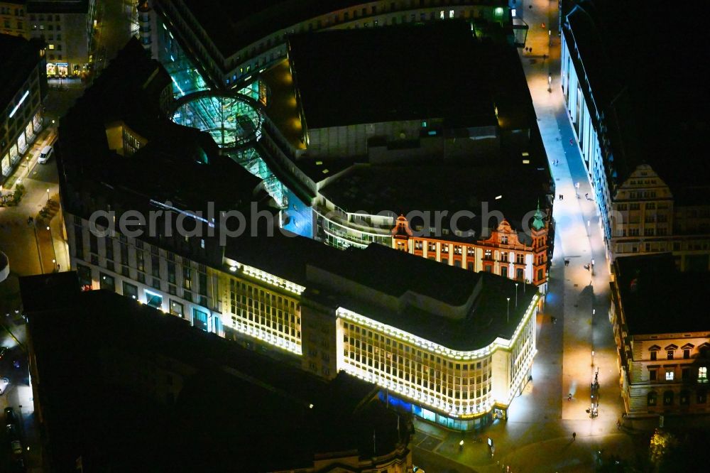 Aerial photograph at night Leipzig - Night lighting street - road guidance Markgrafenstrasse - Schlossgasse - Schillerstrasse - Peterstrasse in the district Zentrum in Leipzig in the state Saxony, Germany