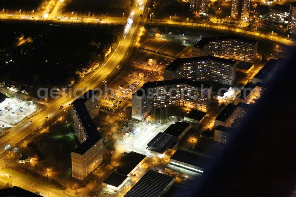 Aerial image at night Erfurt - Night lighting Street - road guidance of Nordhaeuser Strasse in the district Berliner Platz in Erfurt in the state Thuringia, Germany