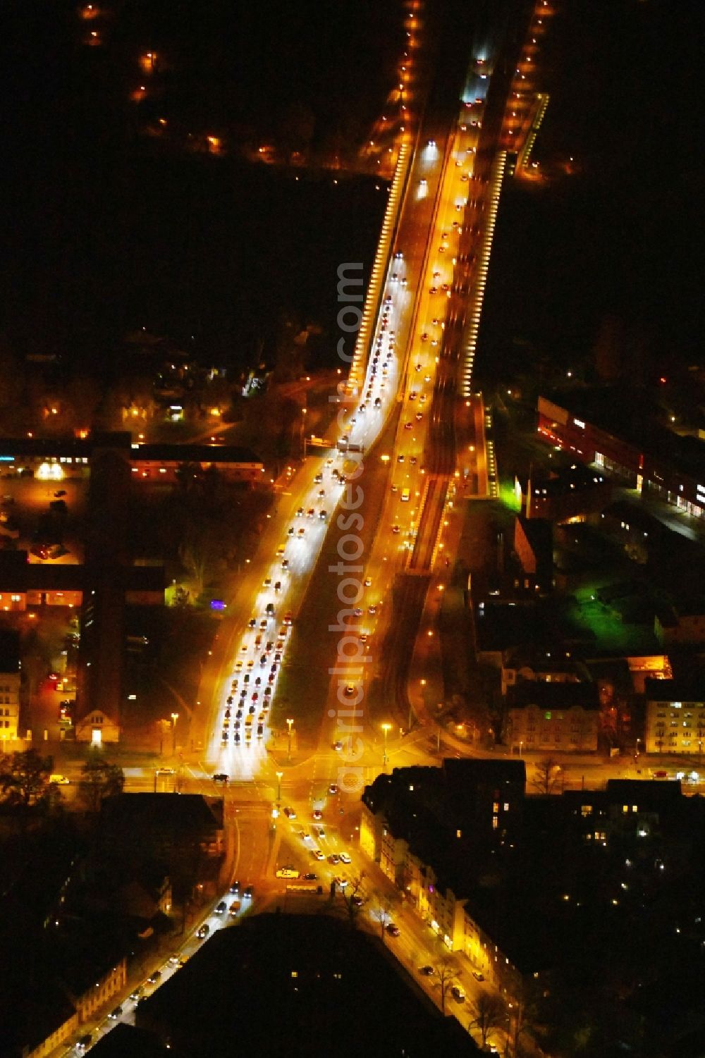 Aerial photograph at night Potsdam - Night lighting Street - road guidance Nuthestrasse in the district Innenstadt in Potsdam in the state Brandenburg, Germany