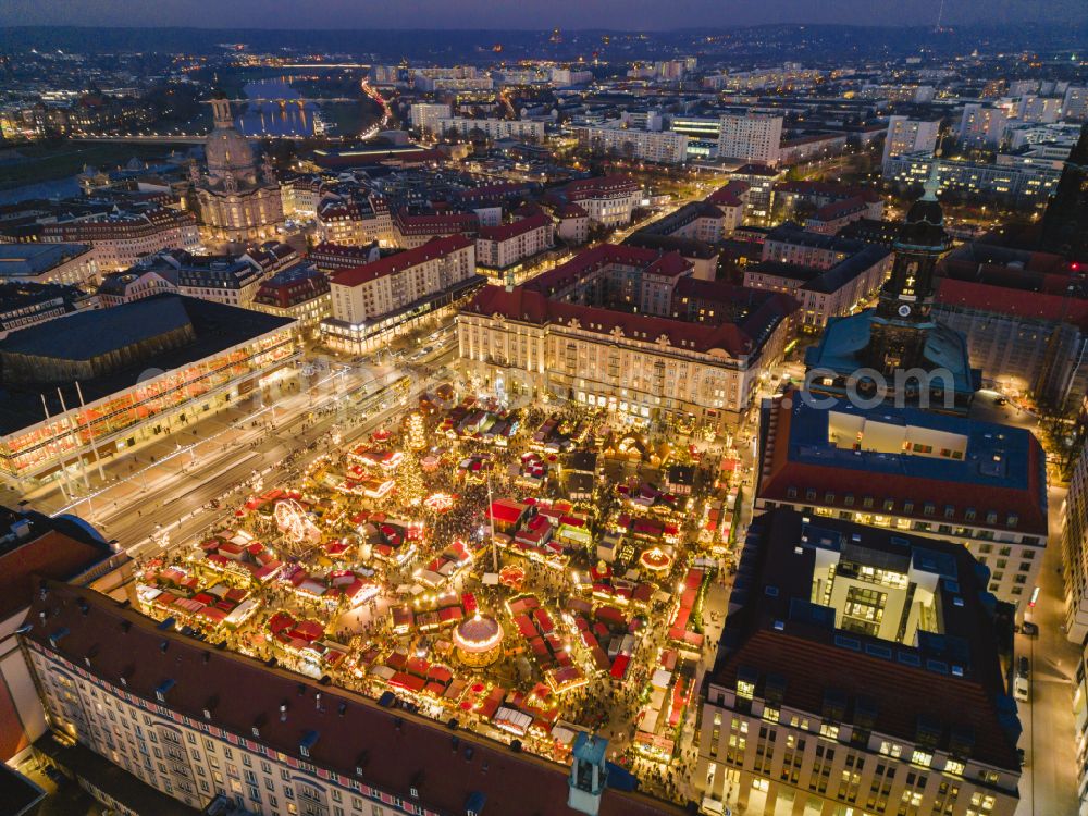 Dresden at night from above - Night lights and lighting sales and snack stands and trading booths at the Striezelmarkt on the Altmarkt in Dresden in the federal state of Saxony, Germany