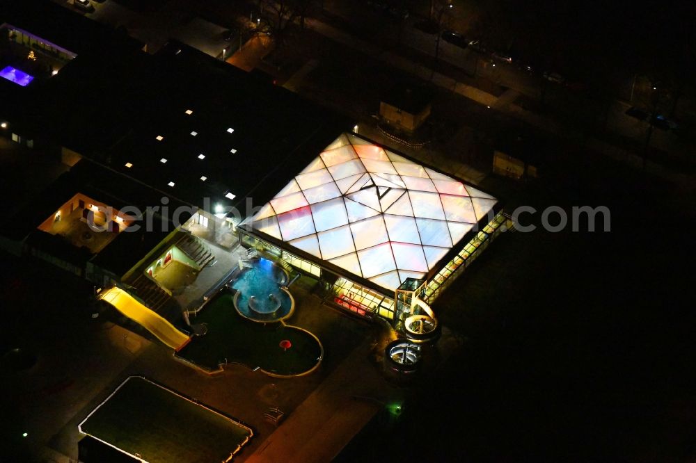 Dresden at night from above - Night lighting Spa and swimming pools at the swimming pool of the leisure facility Georg-Arnhold-Bad of the Dresdner Baeder GmbH with sauna in Dresden in the state Saxony