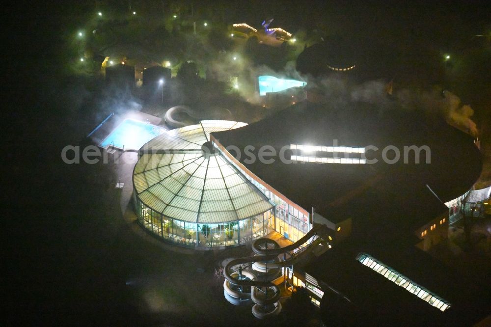 Aerial image at night Zeulenroda-Triebes - Night lighting Spa and swimming pools at the swimming pool of the leisure facility Waikiki Zeulenroda in Zeulenroda-Triebes in the state Thuringia, Germany