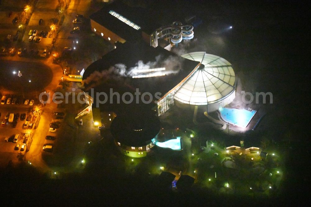 Zeulenroda-Triebes at night from above - Night lighting Spa and swimming pools at the swimming pool of the leisure facility Waikiki Zeulenroda in Zeulenroda-Triebes in the state Thuringia, Germany