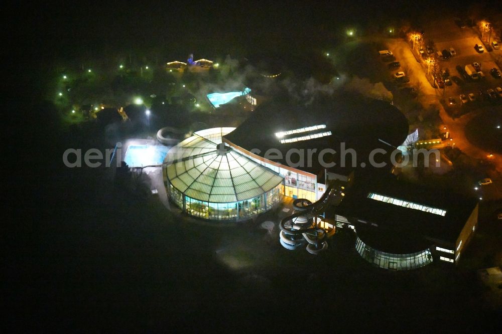 Zeulenroda-Triebes at night from above - Night lighting Spa and swimming pools at the swimming pool of the leisure facility Waikiki Zeulenroda in Zeulenroda-Triebes in the state Thuringia, Germany