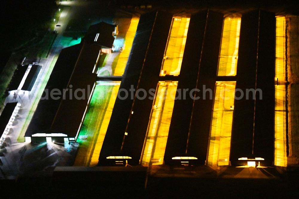 Aerial image at night Wiesenau - Night lighting Animal breeding equipment Livestock breeding for meat production of Bauerngesellschaft Ziltendorfer Nieofung in Wiesenau in the state Brandenburg, Germany