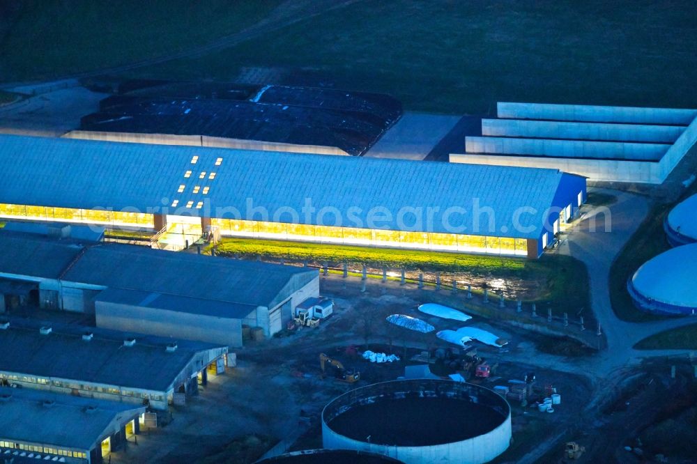 Aerial image at night Dobra - Night lighting Animal breeding equipment Livestock breeding for meat production in Dobra in the state Saxony, Germany