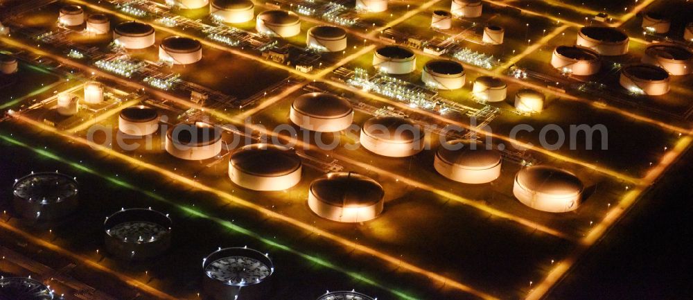 Leuna at night from above - Night lighting tOTAL refinery in central Germany in Leuna in the federal state of Saxony-Anhalt. The TOTAL refinery chemical site Leuna is one of the most modern refineries in Europe