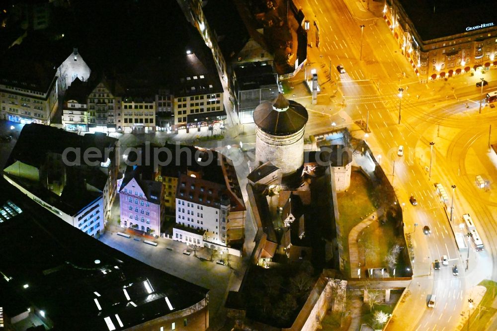 Nürnberg at night from above - Night lighting tower building Frauentorturm on Koenigstrasse the rest of the former historic city walls in Nuremberg in the state Bavaria, Germany