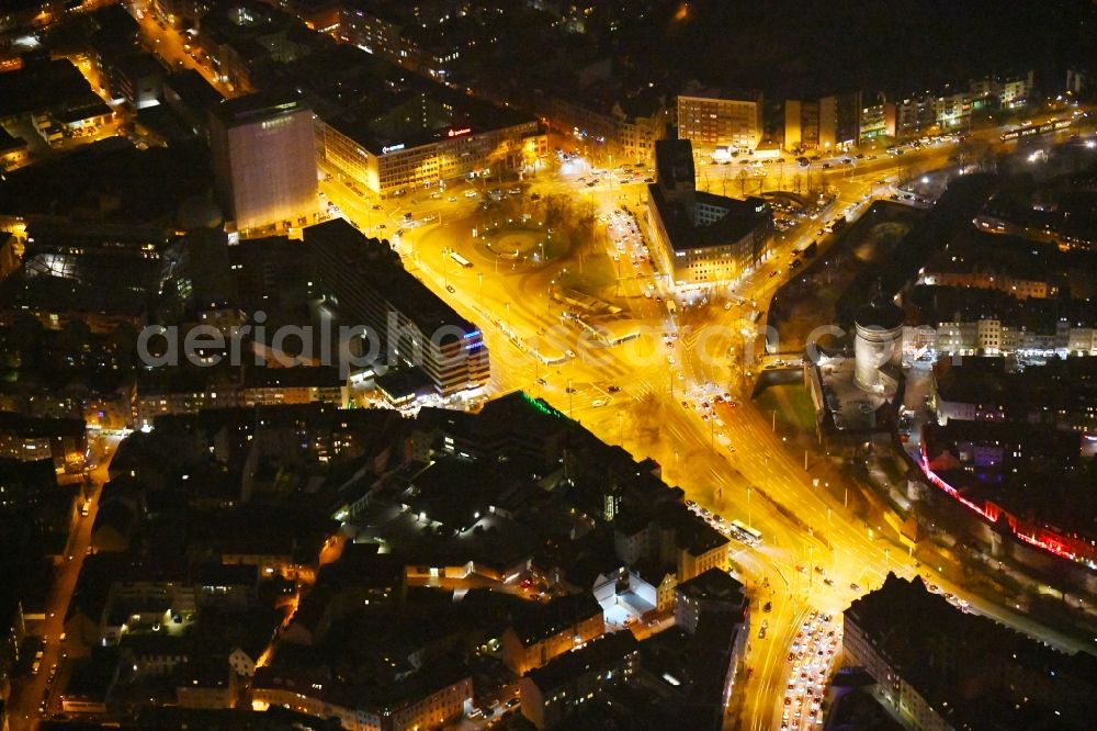 Nürnberg at night from the bird perspective: Night lighting Tower building Spittlertorturm on Spittlertorgraben - Am Plaerrer the rest of the former historic city walls in the district Himpfelshof in Nuremberg in the state Bavaria, Germany