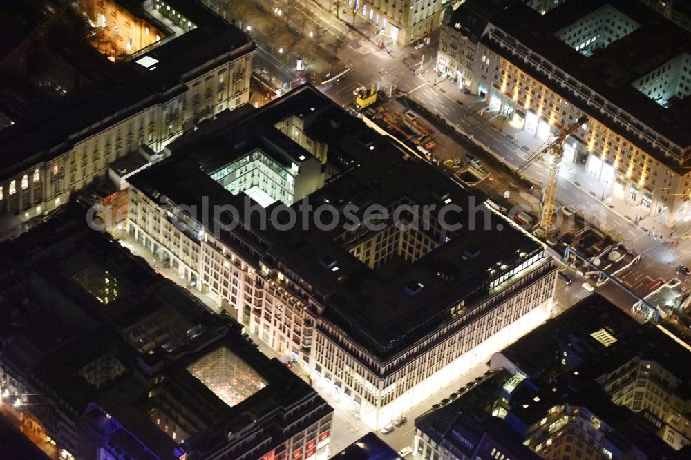 Aerial image at night Berlin - Night view of construction site for the new building the largest and most important cultural construction of the Federal Republic, the building of the Humboldt Forum in the form of the Berlin Palace