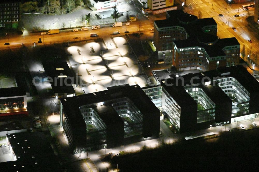 Aerial photograph at night Hamburg - Night lighting administration building of the company Jungheinrich AG on Friedrich-Ebert-Donm in the district Wandsbek in Hamburg, Germany