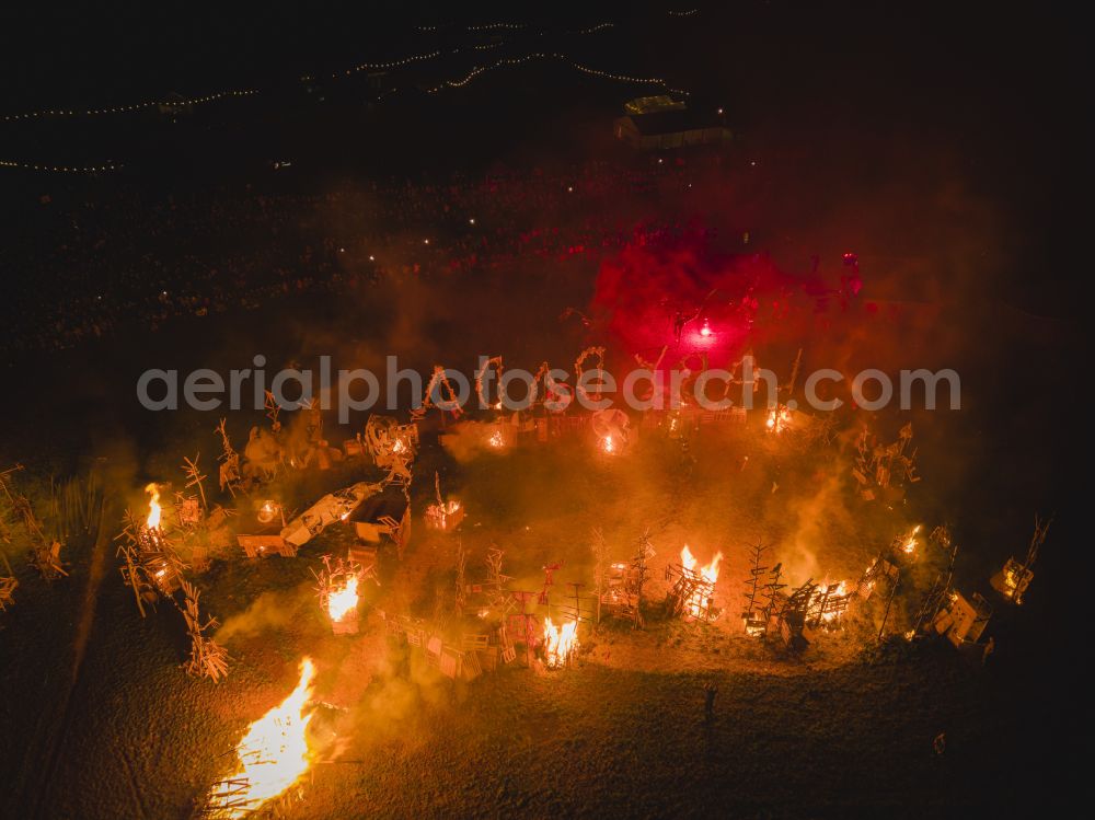 Aerial image at night Radebeul - Night lights and lighting participants of the action on the event site AUTUMN and WINE FESTIVAL on Terrassenstrasse in the district of Koetzschenbroda in Radebeul in the state of Saxony, Germany