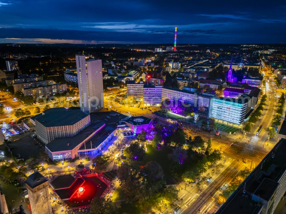 Aerial photograph at night Chemnitz - Night lights and lighting buildings at the festival Light our Vision - LICHT.MACHT.PLATZ. in the event hall Stadthalle on Theaterstrasse in the district Zentrum in Chemnitz in the federal state of Saxony, Germany