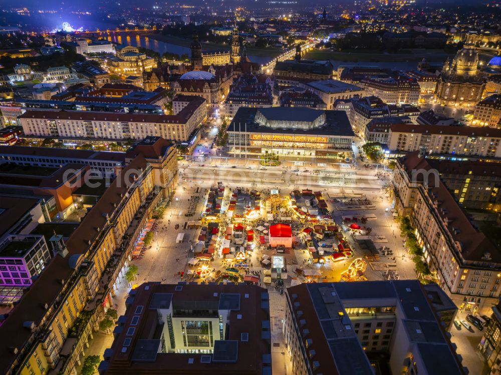 Aerial image at night Dresden - Night lights and lighting sales and snack stands and trading booths Autumn Market at the Altmarkt in Dresden in the federal state of Saxony, Germany