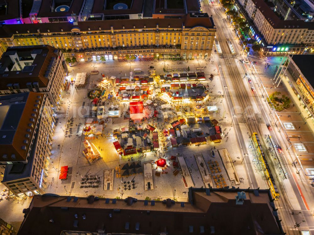 Dresden at night from above - Night lights and lighting sales and snack stands and trading booths Autumn Market at the Altmarkt in Dresden in the federal state of Saxony, Germany