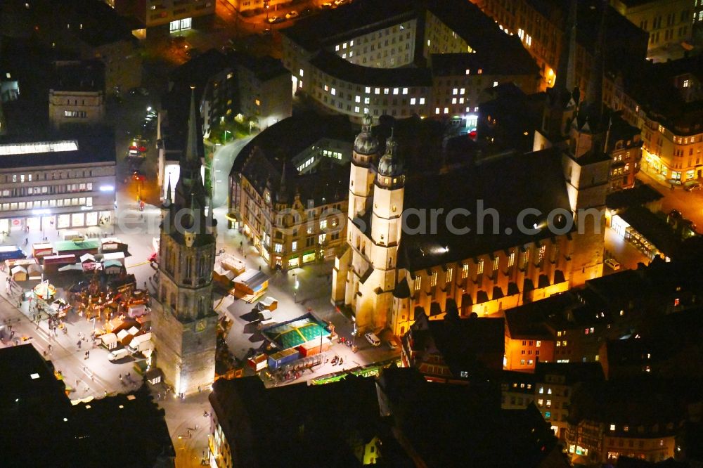 Halle (Saale) at night from above - Night lighting Sale and food stands and trade stalls in the market place on Marktplatz on Roter Turm in Halle (Saale) in the state Saxony-Anhalt, Germany