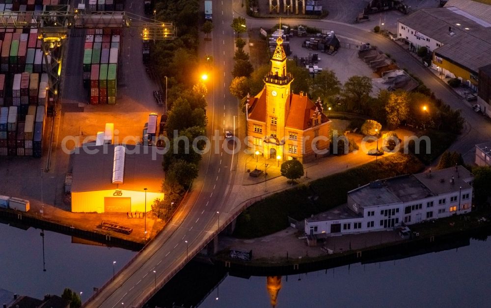 Dortmund at night from above - Night lighting administrative building of the State Authority Altes Hafenamt in the district Hafen in Dortmund at Ruhrgebiet in the state North Rhine-Westphalia, Germany