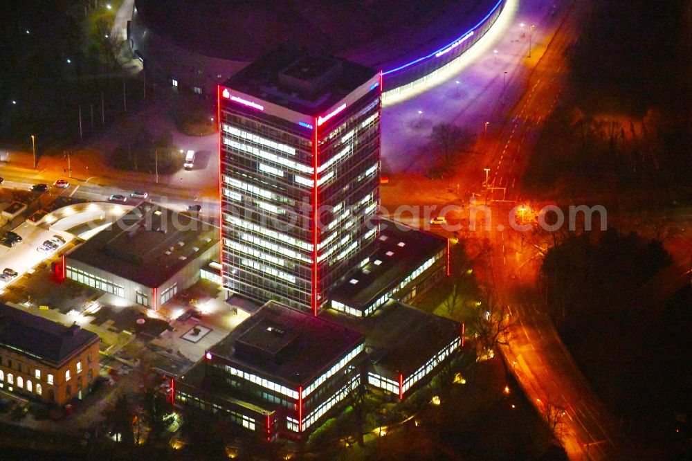 Braunschweig at night from above - Night lighting Banking administration building of the financial services company Braunschweigische Landessparkasse on place Friedrich-Wilhelm-Platz in Brunswick in the state Lower Saxony, Germany