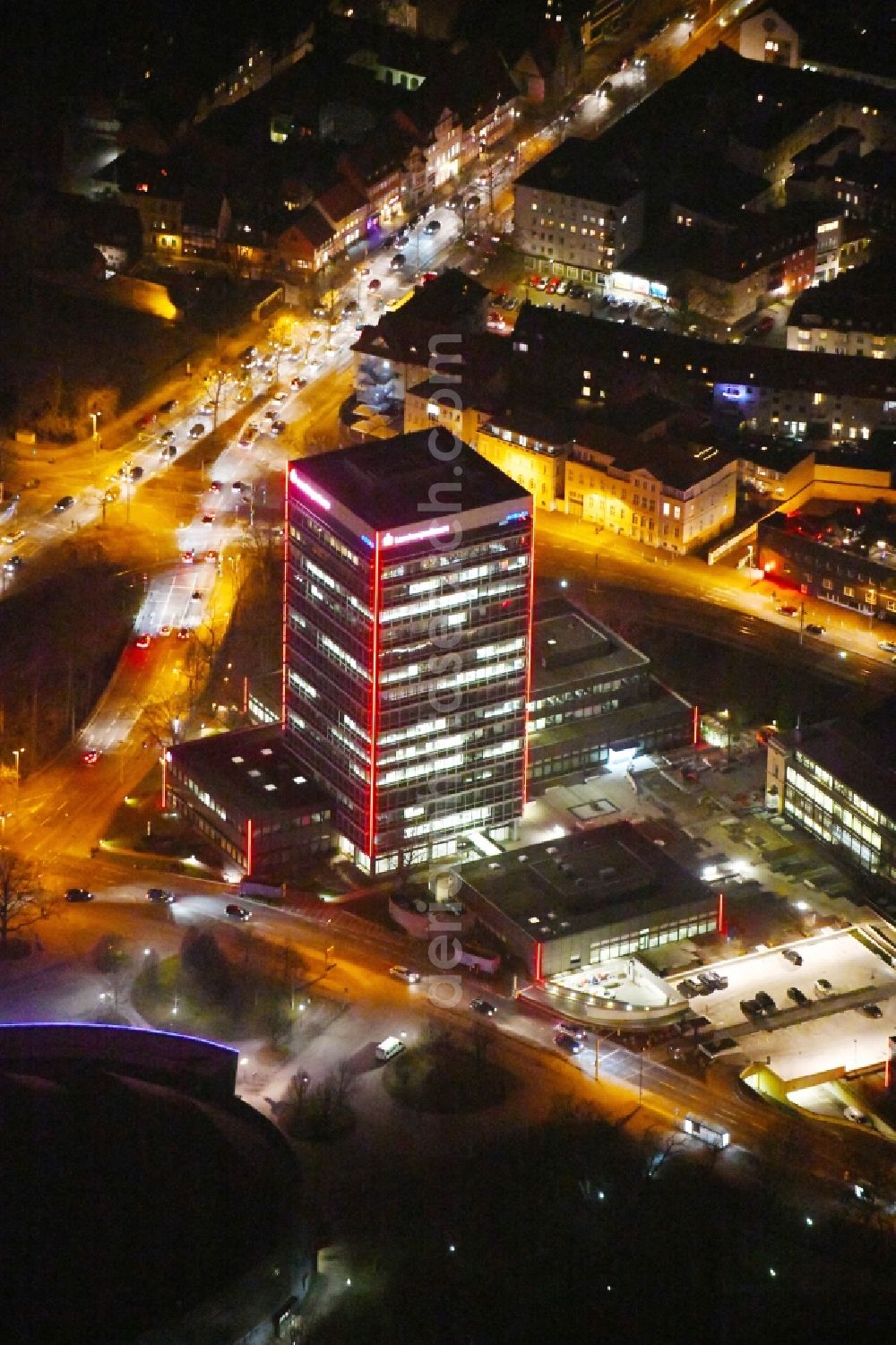 Braunschweig at night from above - Night lighting Banking administration building of the financial services company Braunschweigische Landessparkasse on place Friedrich-Wilhelm-Platz in Brunswick in the state Lower Saxony, Germany