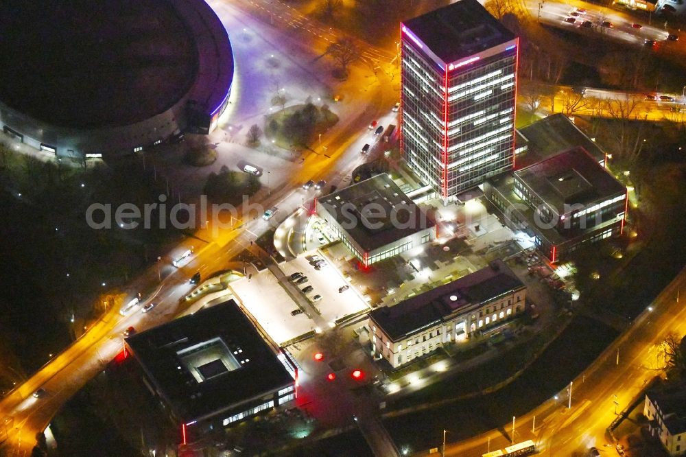 Braunschweig at night from above - Night lighting Banking administration building of the financial services company Braunschweigische Landessparkasse on place Friedrich-Wilhelm-Platz in Brunswick in the state Lower Saxony, Germany