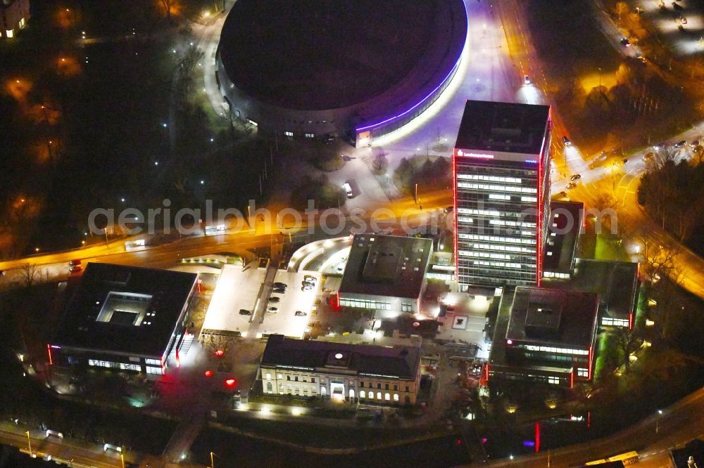 Braunschweig at night from above - Night lighting Banking administration building of the financial services company Braunschweigische Landessparkasse on place Friedrich-Wilhelm-Platz in Brunswick in the state Lower Saxony, Germany