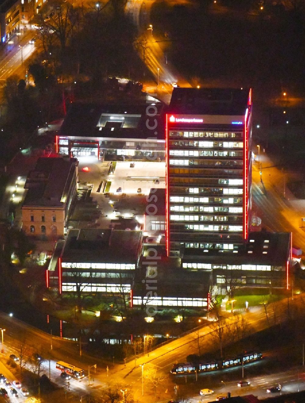 Braunschweig at night from above - Night lighting Banking administration building of the financial services company Braunschweigische Landessparkasse on place Friedrich-Wilhelm-Platz in Brunswick in the state Lower Saxony, Germany