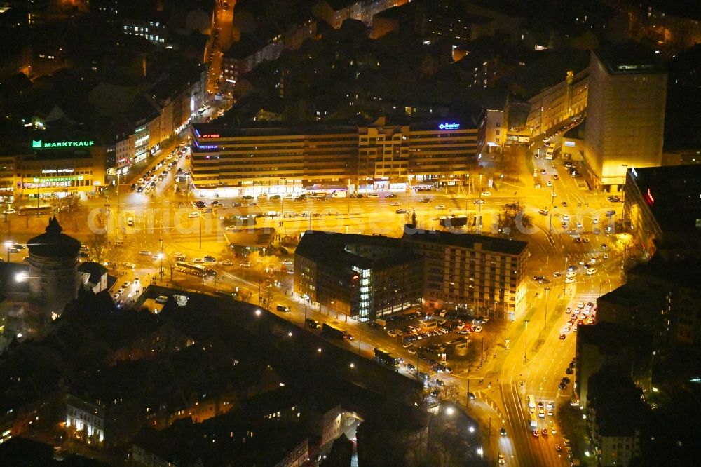 Aerial photograph at night Nürnberg - Night lighting Banking administration building of the financial services company Isbank Am Plaerrer in the district Himpfelshof in Nuremberg in the state Bavaria, Germany